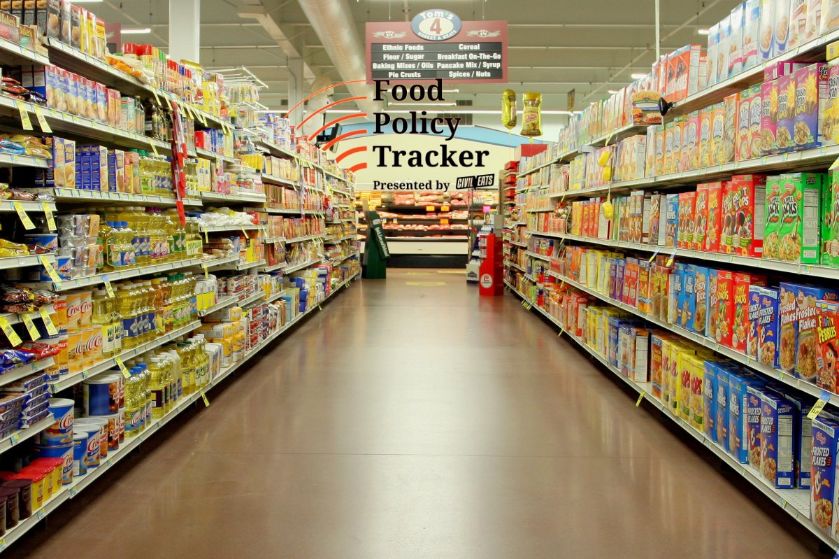Grocery store aisle with Food Policy Tracker branding