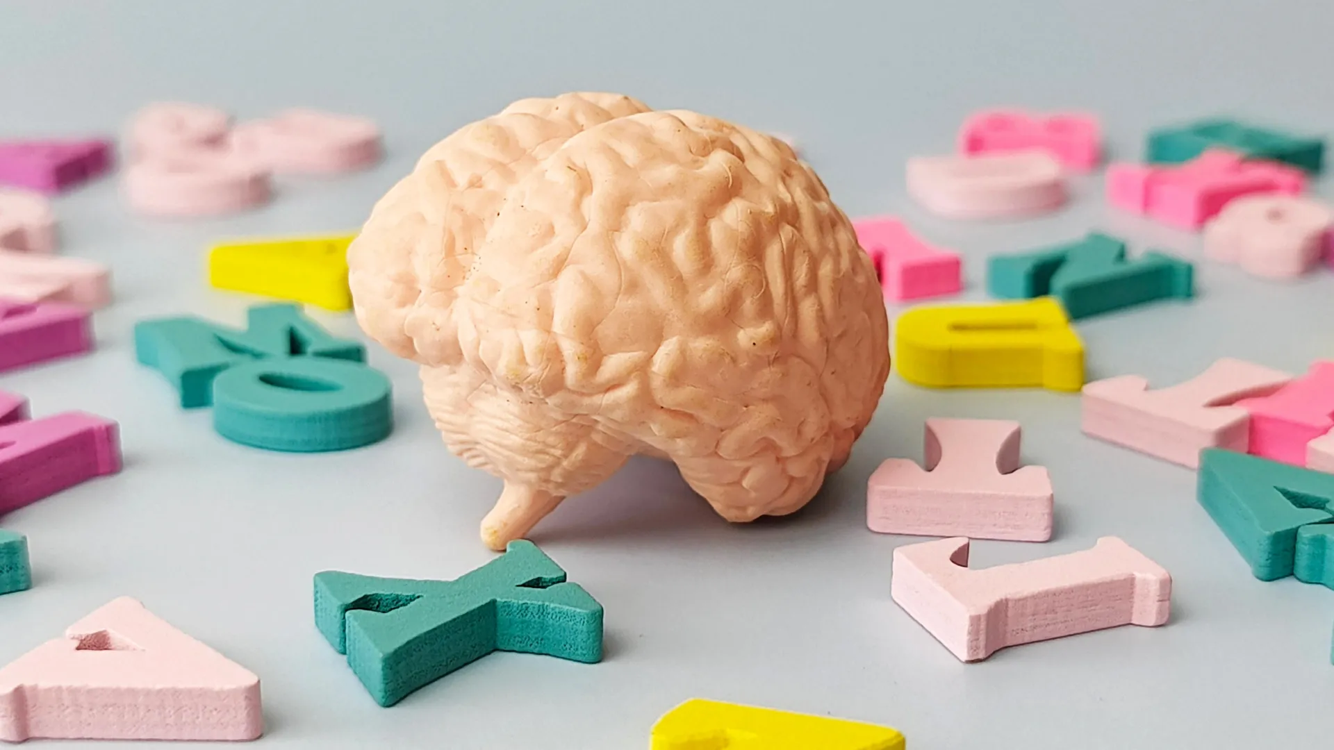Human brain model surrounded by colorful alphabet letters
