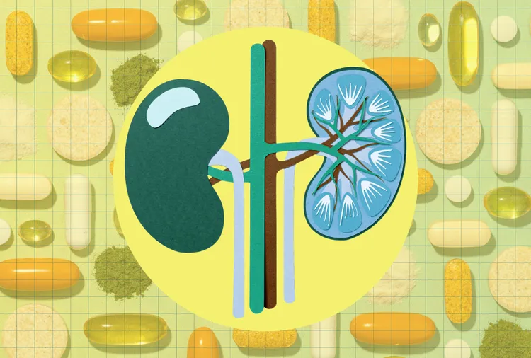 Graphic of kidneys surrounded by various pills and supplements