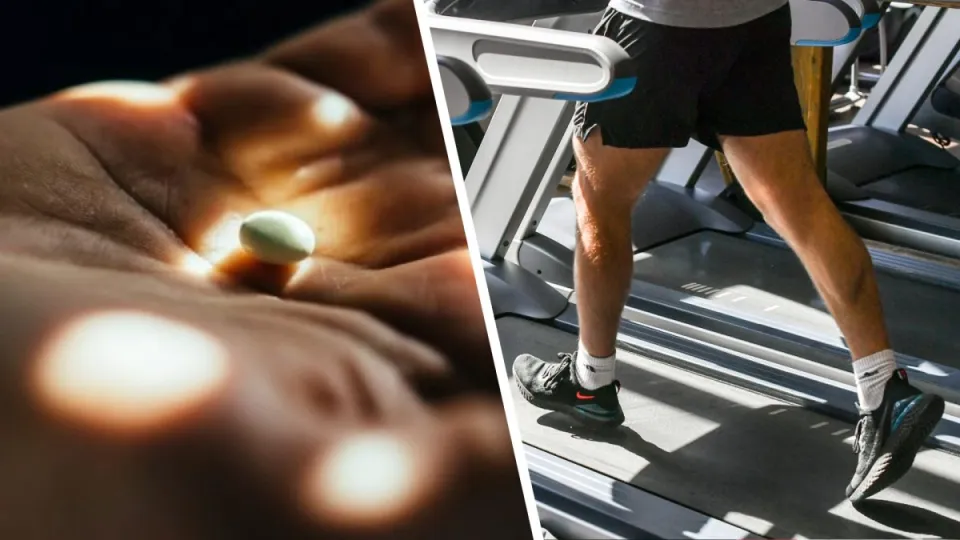 Person on a treadmill next to a hand holding a weight-loss pill
