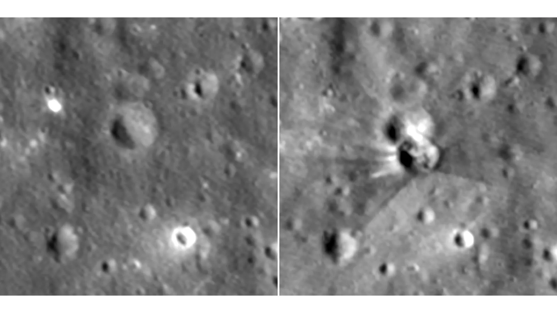 NASA LRO image showing before and after of SpaceX Falcon 9 crater on the Moon